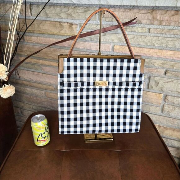 🐢 Tory Burch Black/White Checkered Canvas Lee Radziwill Top Handle Bag - Picture 1 of 17
